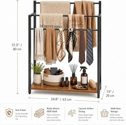 24.8" W Freestanding Towel Rack with Rustic Brown Wood Shelf | 3 Tier Blanket Ladder Stand for Bathroom Living Room, Metal Frame