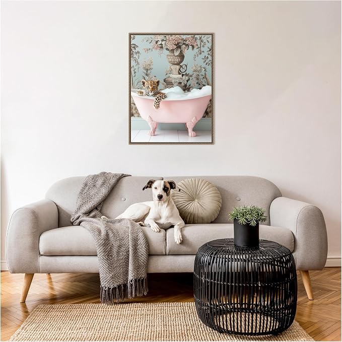 Amanti Art Framed Canvas Wall Art 30x23 Leopard Pink Bubble Bath by Niky Rahner, Framed Wall Art Canvas, Animals Artwork, Traditional Decor, Large Poster Painting for Living Room, Bedroom, Bathroom