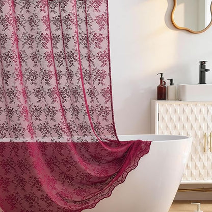 TUDECO Stall Burgundy Shower Curtain Bathroom, 36W x 72L Inch | Antique, Dark Red Floral, Semi Sheer, Scalloped Edges, Attached Valance, Reinforced Holes, Machine Washable