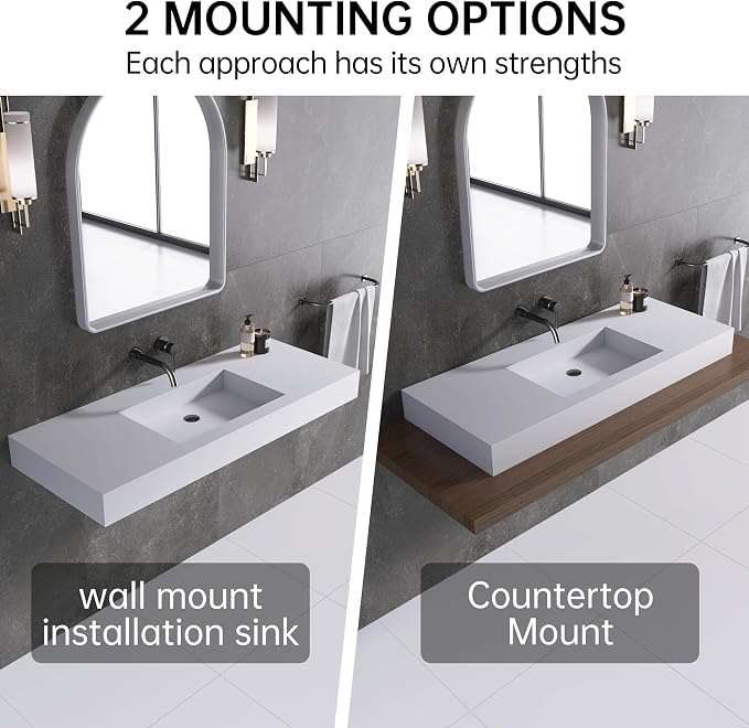 47"X19" Wall Mount Sink without Hole, Stone Bathroom Sink | Matte Bathroom Vanity Vessel Sinks, Artificial Stone Rectangle Floating Sink, Countertop Freestanding Wall Hang Sink Bowl
