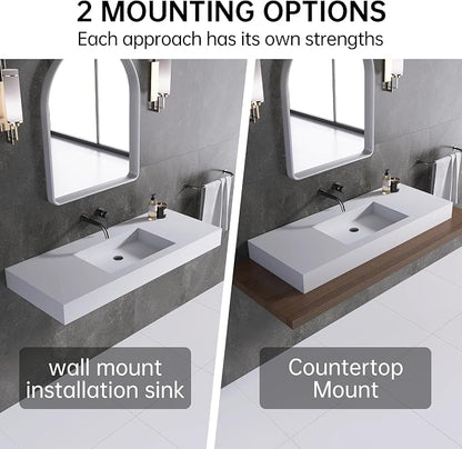 47"X19" Wall Mount Sink without Hole, Stone Bathroom Sink | Matte Bathroom Vanity Vessel Sinks, Artificial Stone Rectangle Floating Sink, Countertop Freestanding Wall Hang Sink Bowl