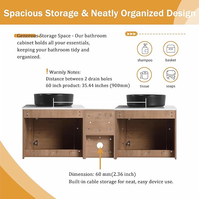 Malwee 60" Floating Bathroom Vanity with Sink, 60 Inch Wall Mounted Bathroom Cabinet Combo, Modern Double Sink Bath Storage Vanity Set, with 2 Soft Close Doors and Ceramic Vessel Basin Top(60-CC