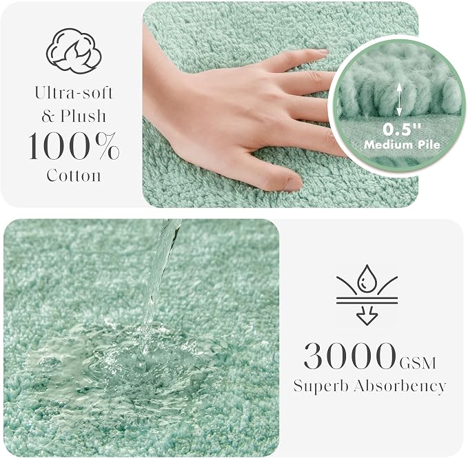 Madison Park Splendor Reversible 100% Cotton Bath Runner, 24 x 60, Green | Tufted Bathroom Rug, 3000 GSM, Hotel Quality, Luxurious Plush, Medium Pile, Absorbent, Quick Dry, OEKO-TEX, Shower Room Décor