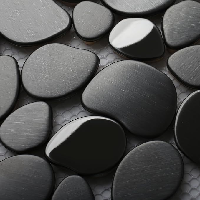 Black Tile Backsplash Pebble Tile Metal Mosaic Tiles for Kitchen Backsplash Bathroom Shower Floor【5 Sheets】