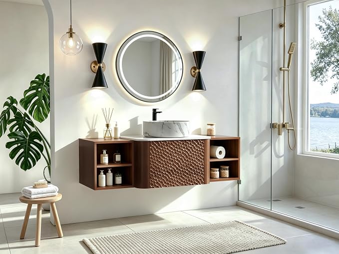 48 Inch Modern Bathroom Vanity with Ceramic Sink, Floating Bathroom Sink Cabinet with Sintered Stone Top&Solid Wood Hammered Frame, Single Bathroom Vanities w/Soft-Close Drawer&2 Side Open Cube