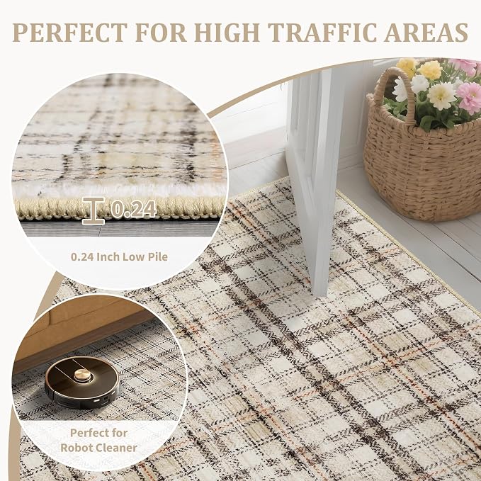 Washable Modern Tartan Plaid Non Slip Kitchen & Bedroom 2'x6' Beige Stain Resistant Throw Rug