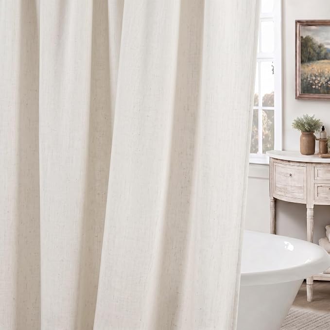 Seasonwood Cream Linen Shower Curtain Farmhouse Bathroom Decor 60x72 Inches | Boho Bathroom Decor,12 Sturdy Stainless Steel Sliding Hangers,Rustic Country Style,Linen Shower Curtains for Bathroom