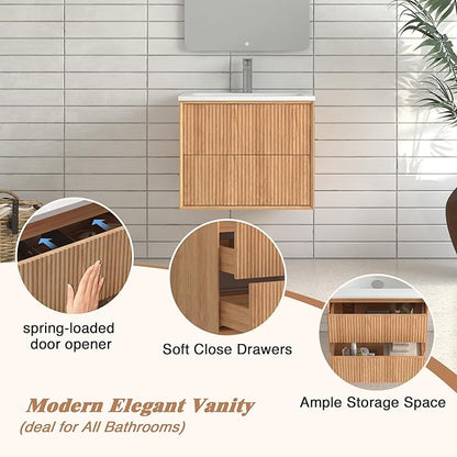 Floating Bathroom Vanity with Sink, Nature Soild Wood Cabinet with Ceramic Basin, Extra Large Storage Drawer & Pre-Assembled Vanities for Bathroom, Powder Room (Nature B Style, 24")