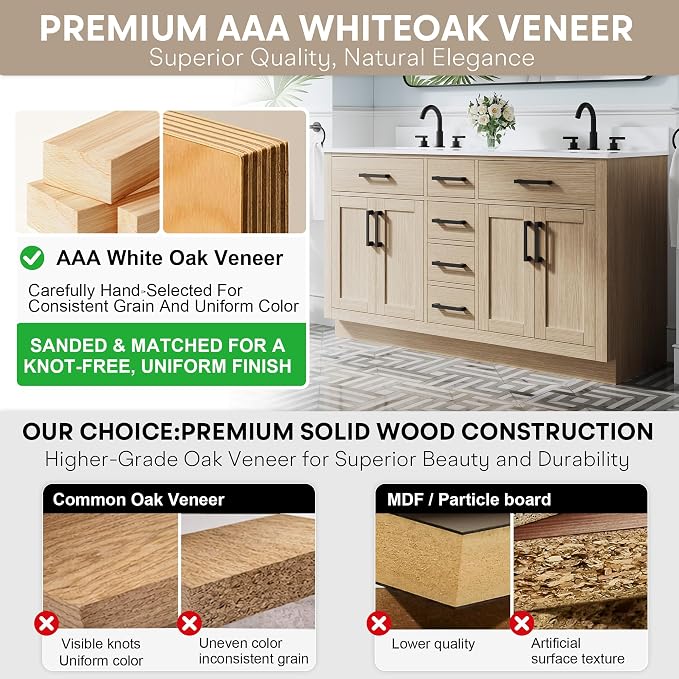 60-Inch Bathroom Vanity with Double Sinks W/ 4 Doors & 4 Drawers & 2 Flip Drawers, Oak Vanity W/Matte Black Handles
