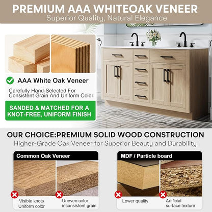 60-Inch Bathroom Vanity with Double Sinks W/ 4 Doors & 4 Drawers & 2 Flip Drawers, Oak Vanity W/Matte Black Handles