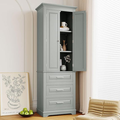 Merax 70" Pantry Cabinet with Two Doors & Three Drawer, Adjustable Shelves Storage Cupboard for Kitchen/Dining Room/Bathroom, Gray