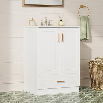 Sweetcrispy 24" Modern Bathroom Vanity with Ceramic Basin, Undermount Vanity Sink Cabinet with 2 Doors and 1 Drawer, Free Standing Bathroom Storage Cabinet with Sink Combo Set, Ivory