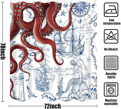 Fungarth Long Red Nautical Octopus Shower Curtain Navy Blue Mermaid Funny Ocean Kraken Shower Curtains for Bathroom Cool Anchor Coastal Map Waterproof Fabric Bath Curtain Decor (Red, 72” x 78”)