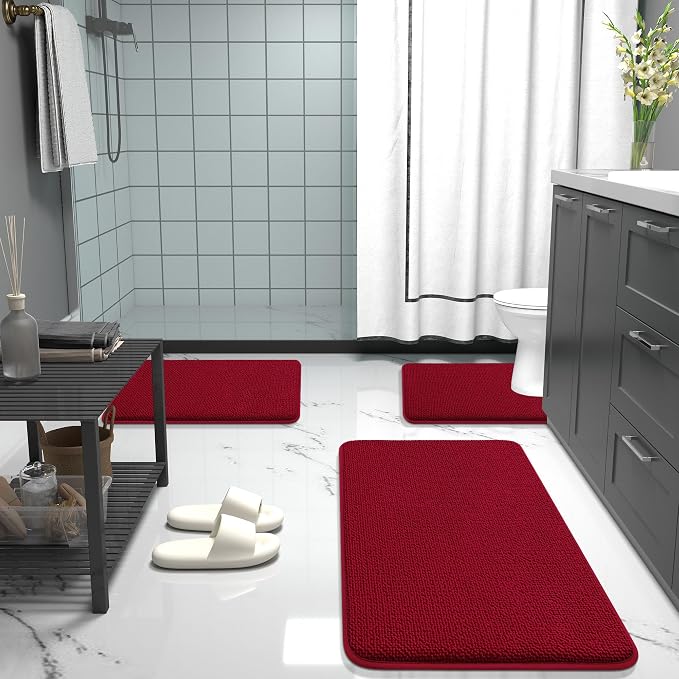 OLANLY Memory Foam Bathroom Runner Rug 44x24, Absorbent Long Bath Mat, Red | Soft Quick Dry Bath Rugs, Non-Slip Carpet, Machine Washable Mat for Bathroom Floor, Tub and Shower, Home Decor Accessories