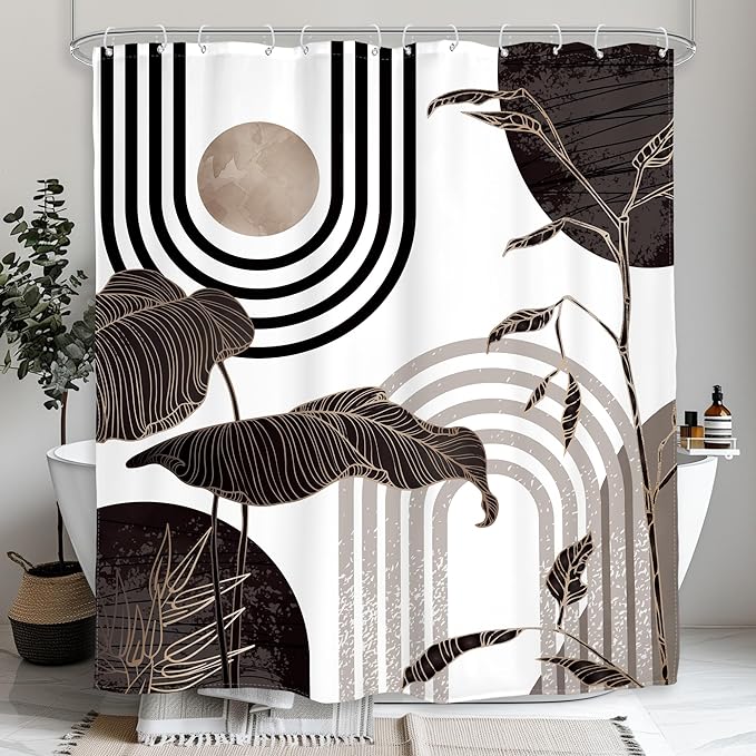 Glawry Black and Brown 60Wx72L Inches Shower Curtain Boho Mid Century Modern Minimalist Aethetic Black and Gray Palm Leaf Bath Accessories Art Home Decor Fabric 12 Pack Hook