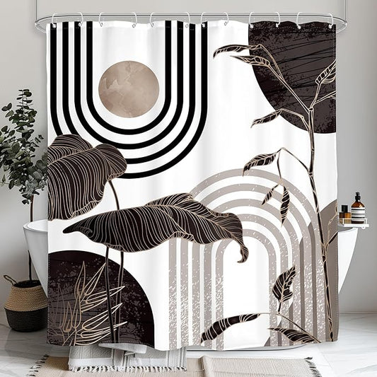 Glawry Black and Brown 60Wx72L Inches Shower Curtain Boho Mid Century Modern Minimalist Aethetic Black and Gray Palm Leaf Bath Accessories Art Home Decor Fabric 12 Pack Hook