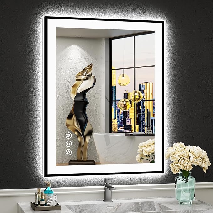 24x30 Black Framed LED Bathroom Mirror with Lights, Backlit and Front Lit Anti-Fog Lighted Vanity Mirrors for Bathroom Wall, Dimmable, 3 Colors, Memory, HD Tempered Glass, Horizontal/Vertical