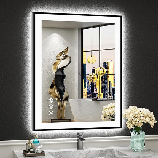 24x30 Black Framed LED Bathroom Mirror with Lights, Backlit and Front Lit Anti-Fog Lighted Vanity Mirrors for Bathroom Wall, Dimmable, 3 Colors, Memory, HD Tempered Glass, Horizontal/Vertical