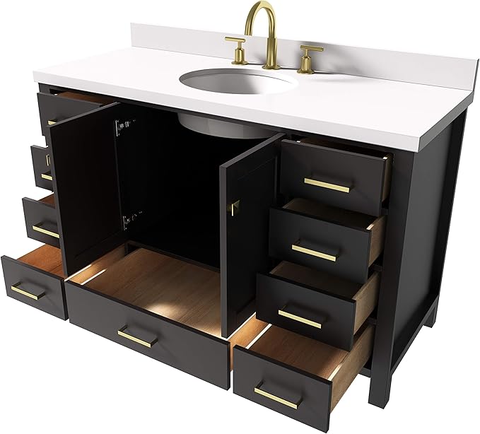 ARIEL 55" Espresso Bathroom Vanity with 1.5" Edge Pure White Quartz Countertop & Backsplash, Center Oval Sink, 2 Soft Closing Doors, 9 Full Extension Dovetail Drawers, Satin Brass