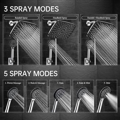 Veken 11.8“ Rain Shower Head with Handheld,Dual High Pressure Shower Heads | Easy Pause,5-mode Hand Held Spray with Hose,Wide Detachable Rainfall,Double Showerhead Combo,Bathroom Accessories,Chrome