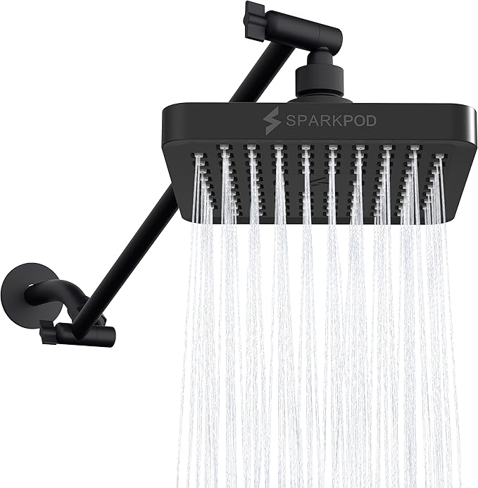 SparkPod 6" Square Rain Shower Head with 16" Shower Arm | Shower Head & Extension Arm Combo, Height Adjustable, High Pressure Performance, Easy 1-Minute Installation, Black Matte