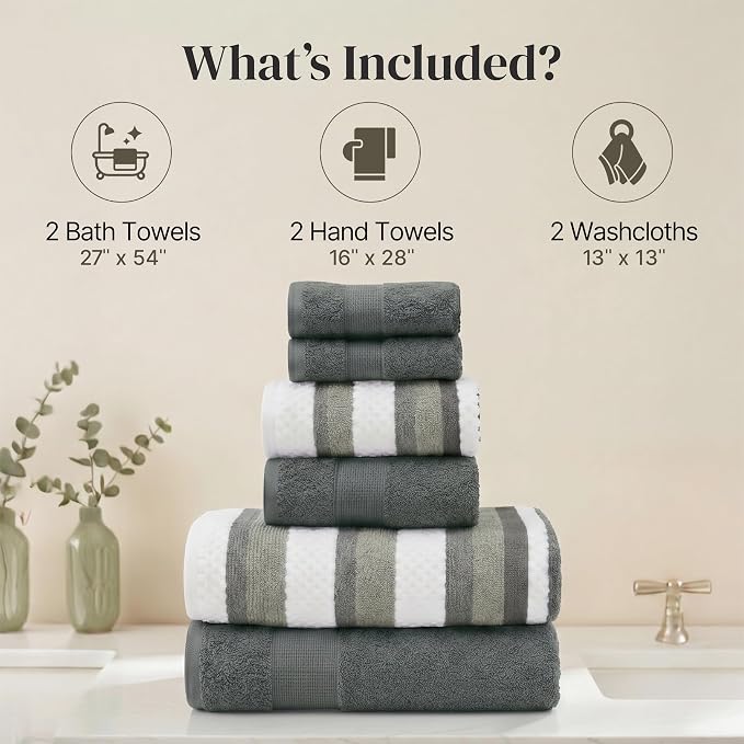 Modern Threads Pax 6-Piece Reversible Yarn Dyed Jacquard Towel Set - Bath Towels, Hand Towels, & Washcloths - Super Absorbent & Quick Dry - 100% Combed Cotton, Ivy