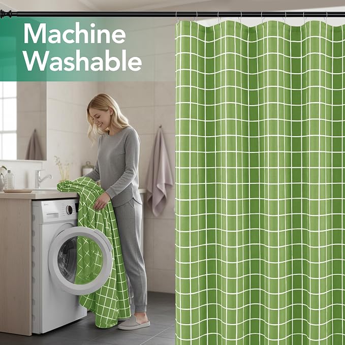 Fabric Farmhouse Shower Curtain-Extra Long Cloth Shower Curtains Bathroom | 72"Wx84"L Sage Green Faux Linen Grid Minimalist Simple Rustic Neutral Shower Curtain-Geometric Plaid Washable Hotel Quality
