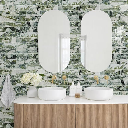 Vamos Tile Peel and Stick Backsplash, Glossy 40-Piece 3''x12'' Subway Tile | Ice Green with White Grout Wall Tile,PVC Faux Stone Stick on Subway Tiles for Kitchen,Bathroom,Laundry,Camper,Fireplace
