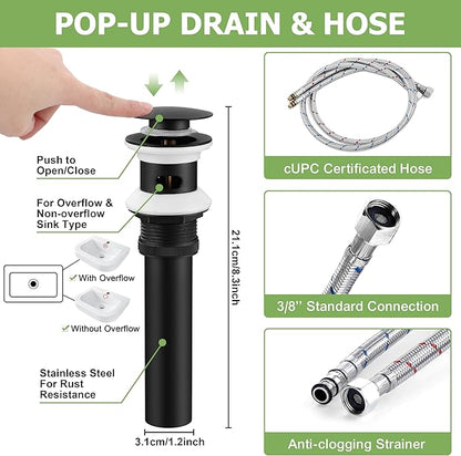 Herogo Matte Black Bathroom Sink Faucet for 3 Holes, 4 Inch Centerset Bathroom Faucet 2-Handle with Pop-Up Drain & Supply Hoses, 18/10 Stainless Steel, for RV Vanity Lavatory