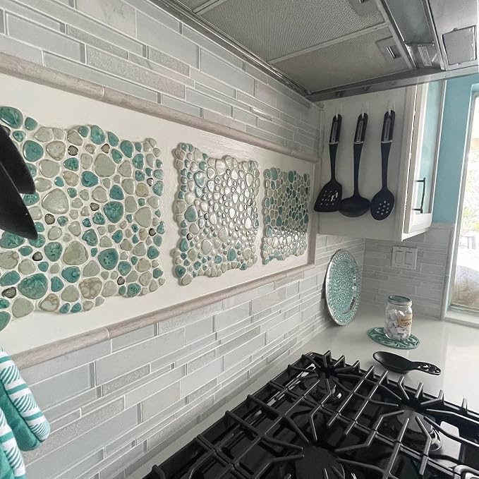 Ceramic Pebble Mosaic Tile, Aqua Cream Coffee, 5 Sq Ft | Crystal Glazed Porcelain, River Stone Look, 12"x12" Sheet for Kitchen Backsplash, Fireplace Surround & Spa Wall Decor