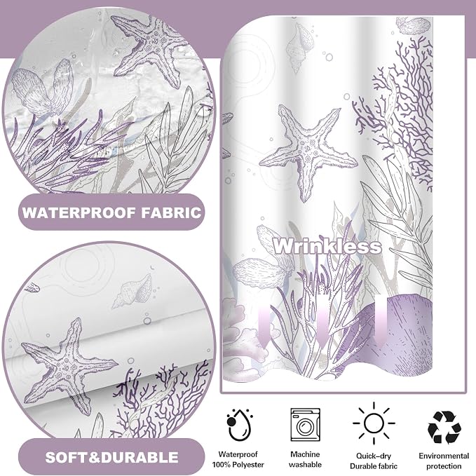 No Hook Shower Curtain and Liner Set, Purple Beach Coastal 71x84 | Nautical Ocean for Bathroom, with Snap in Liner Replacement, Mesh Top Window, Waterproof, Machine Washable, Quick-Drying