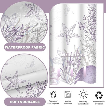 No Hook Shower Curtain and Liner Set, Purple Beach Coastal 71x84 | Nautical Ocean for Bathroom, with Snap in Liner Replacement, Mesh Top Window, Waterproof, Machine Washable, Quick-Drying