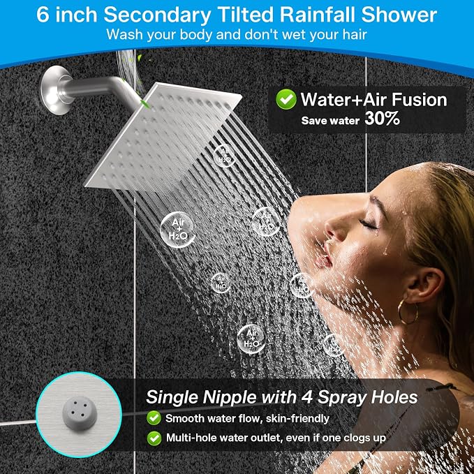 ENGA Dual Rain Shower Head System, 2 In 1 Functions Ceiling Mount 14x20inch LED Shower Head with 6 Inch Shower Head, Rainfall Waterfall Shower Faucet Set, Brushed Nickel