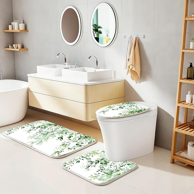 16 Pcs Sage Green Eucalyptus Shower Curtain Set with Rugs | Botanical Leaf Bath Curtains, Quick Absorbent Foam Mats, 120GSM Heavy-Weight Fabric Curtain with 12 Metal Hooks, 72x72 Inch