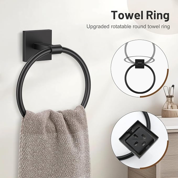 Lairuier Bathroom Hardware Set Matte Black, Towel Holder Set Wall Mounted | Bathroom Accessories Set, SUS304 Stainless Steel 23.6" Towel Bar, Toilet Paper Holder with Shelf, Towel Ring and Towel Hooks