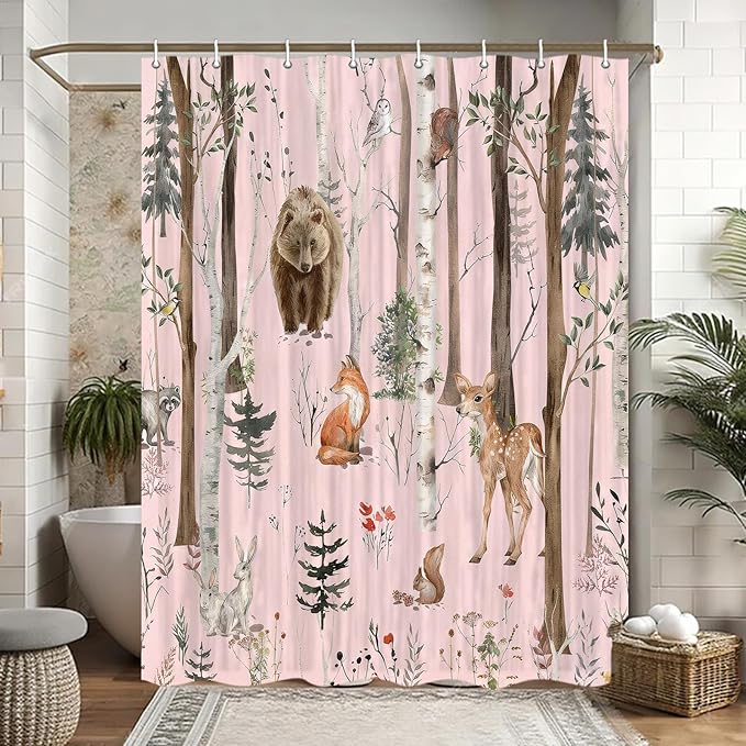 JAWO Camper Shower Curtain, Rustic Lodge Cabin Woodsy Wildlife Animals Woodland Rv Shower Curtains Camper Camping Bathroom Set with Hooks, 47X64 Inch, Pink
