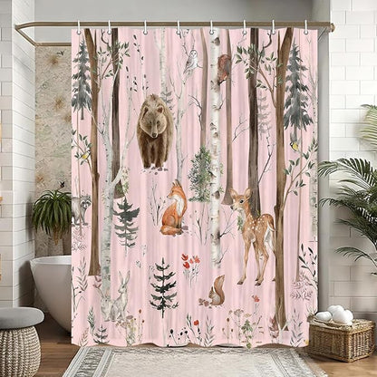 JAWO Rustic Forest Shower Curtains, Lodge Cabin Woodsy RV Shower Curtain, Wildlife Animals Woodland Campers Camping Bathroom Set with Hooks, 54x72 Inch, Pink