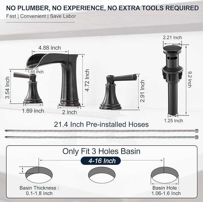 Brass 8 Inch Oil Rubbed Bronze Bathroom Faucet Waterfall Widespread Bathroom Faucets for Sink 3 Hole 2 Handle with Pop up Drain & Pre-Installed cUPC Water Hose for Vanity, 10 Mins Install