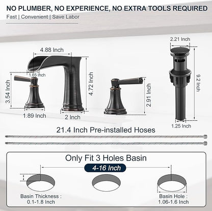 Brass 8 Inch Oil Rubbed Bronze Bathroom Faucet Waterfall Widespread Bathroom Faucets for Sink 3 Hole 2 Handle with Pop up Drain & Pre-Installed cUPC Water Hose for Vanity, 10 Mins Install