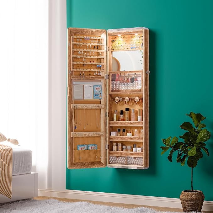 HNEBC Over the Door Jewelry Organizer with LED Lights, 47.2" Full Length Mirror with Storage, Wall Mounted Jewelry Armoire, Hanging Mirror with 2 Drawers,Lokable,3 Shelves(Wood)