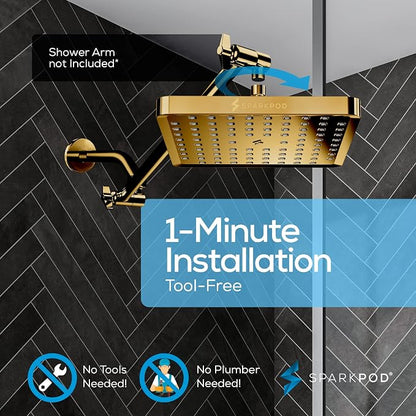 SparkPod Rain Shower Head, 8 Inch Square, Egyptian Gold Finish | High Pressure Shower Heads, 90 Nozzles, Adjustable Showerhead, No Tools Needed, Universal Connection