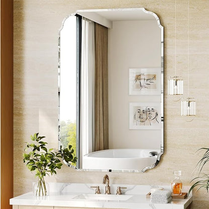 Beveled Scalloped Frameless Bathroom Mirror, 24" x 36" Beveled Bathroom Mirrors with Rectangle Shaped, Frameless Vanity Mirror for Over Sink, Fireplace, Entryway, Restroom