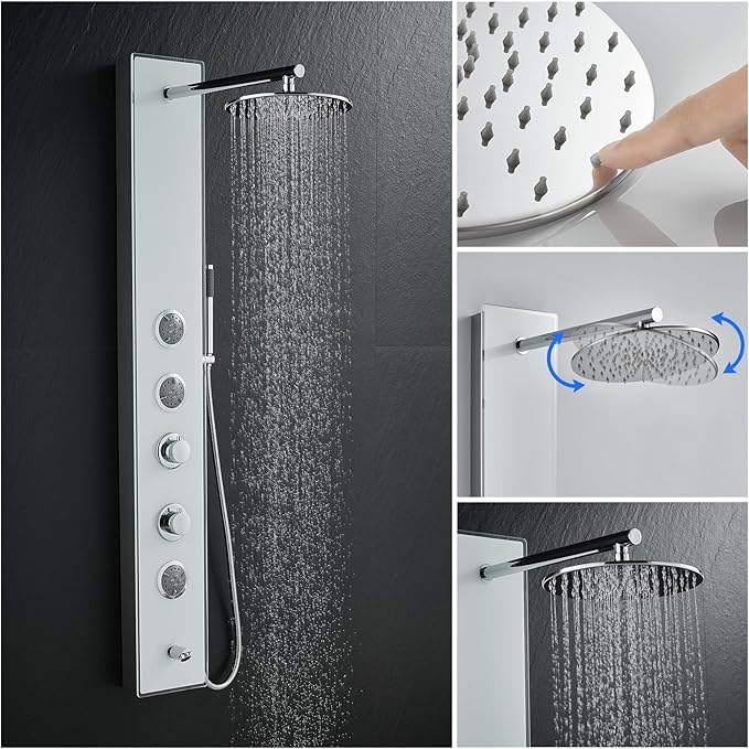 MENATT White Glass Shower Panel Tower System, 304 Stainless Steel and Glass 4 in 1 Shower Tower System with 9-inch Shower Head, 3 Body Massage Jets, Handheld Shower and Tub Spout