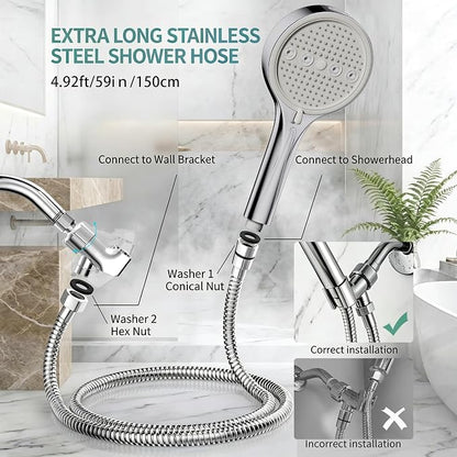 Handheld Shower Head with Hose, 6 Spray Settings, High Pressure, Chrome Finish, Rain, Pulse, Boost, Spray, Mix, Cleaning Modes (Chrome)