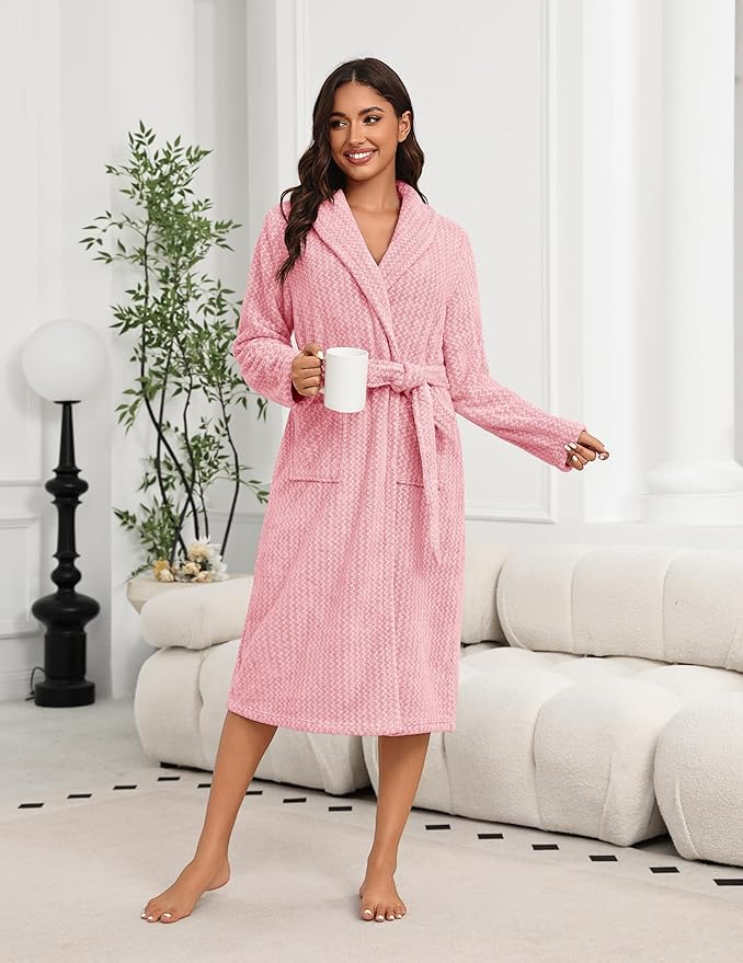 Ekouaer Women's Robe Long Plush Soft Bathrobe Cozy Warm Robes Shawl Collar Sleepwear with Pockets