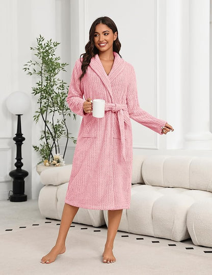 Ekouaer Women's Robe Long Plush Soft Bathrobe Cozy Warm Robes Shawl Collar Sleepwear with Pockets