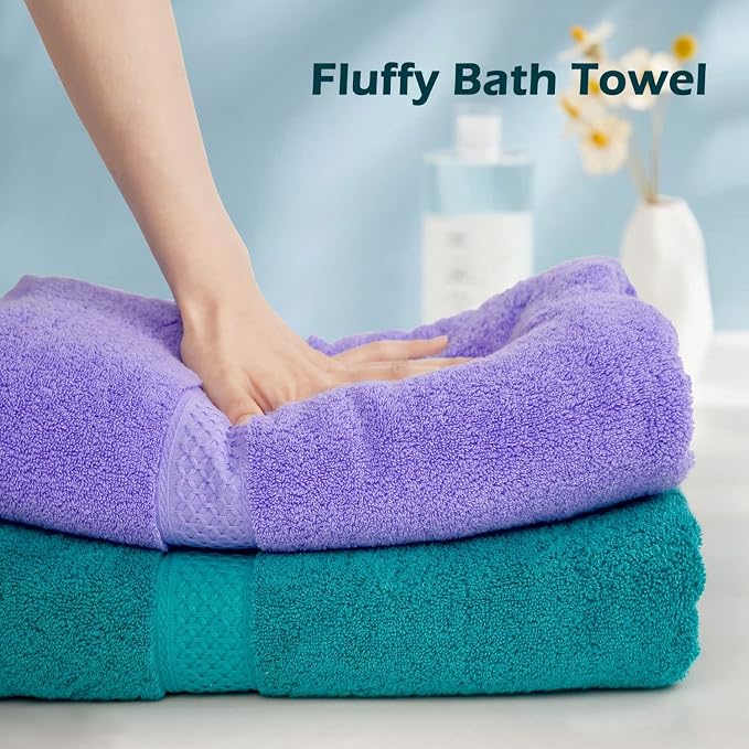 Cleanbear Soft Bath Towels Set of 2, Cotton, 55" x 27" Lavender & Turquoise | Thick & Highly Absorbent Shower Towels for Body Drying, Bathroom, Guest Bathroom, Gym, Pool