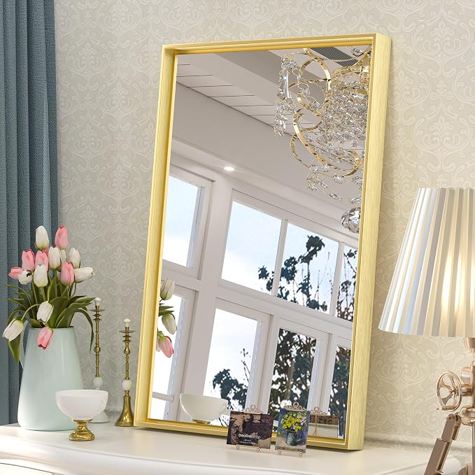 Keonjinn 16x24 Inch Gold Bathroom Mirror for Over Sink, Brushed Framed | HD Tempered Glass, Vanity Mirror, Rectangular, Square Corner, Modern Farmhouse, Wall Mounted Mirrors, Aluminum Alloy