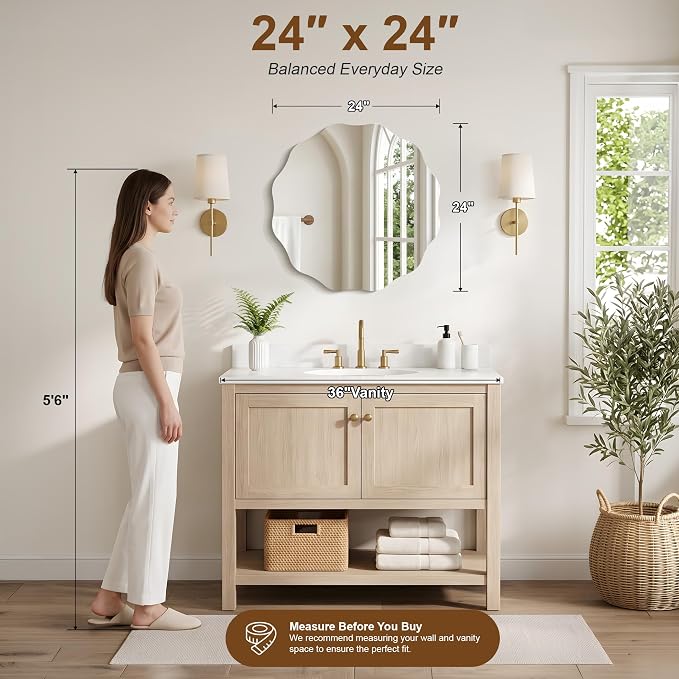 CILIBER Wavy Mirror for Wall, 24'' Scalloped Frameless Round Mirror, 3mm Tempered Glass Decorative Bathroom Vanity Mirror, Mounting/Leaning for Mantel, Living Room, Bedroom and Entryway