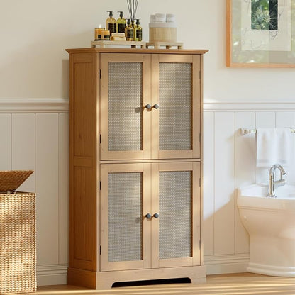 ChooChoo Bathroom Floor Cabinet with Adjustable Shelves | Bathroom Storage Cabinet, 4 Doors, Freestanding Cupboard for Living Room, Rustic Oak